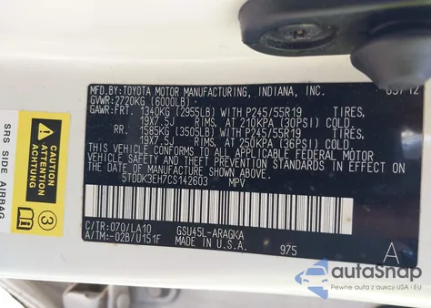 2012 Toyota Highlander Limited V6 z USA, uszkodzony, nr VIN 5TDDK3EH7CS142603